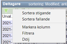 Kontextmenyn för en tabellkolumn.